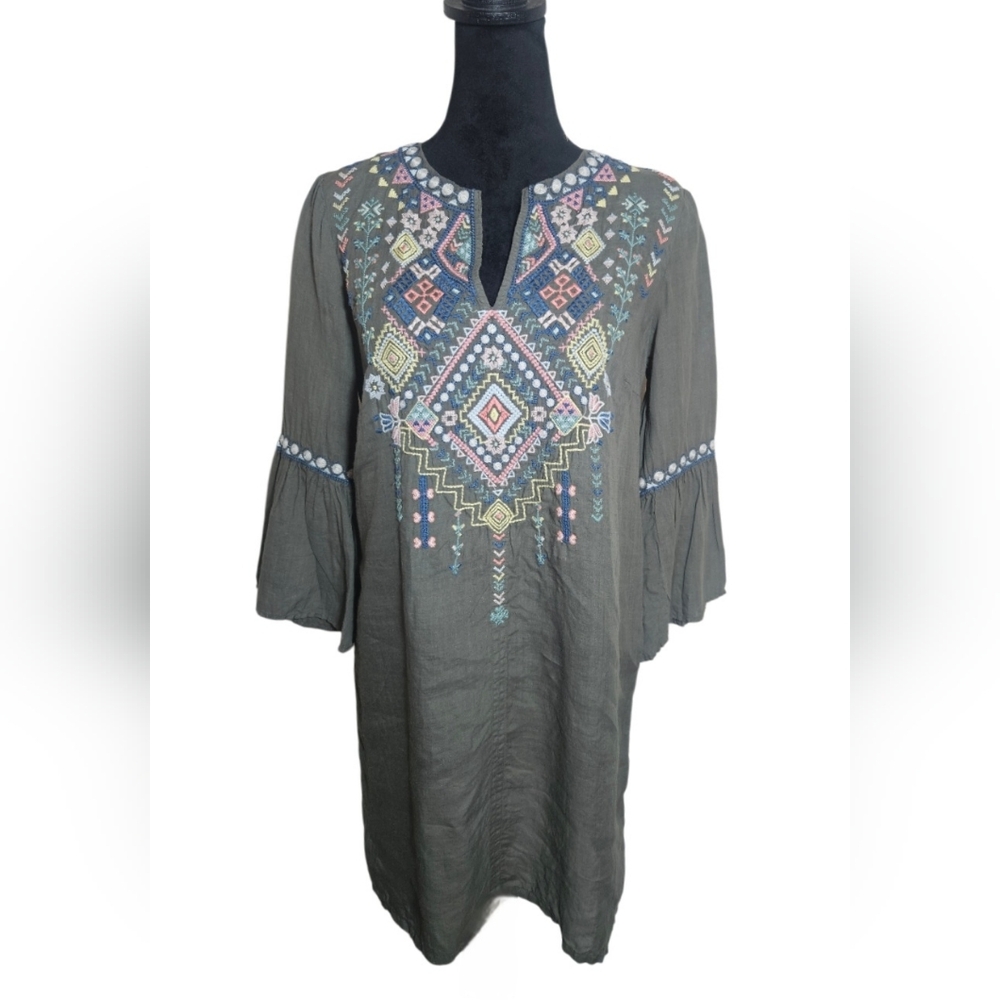 Johnny Was Bohemian Embroidered Olive Green Ramie Tunic Dress Size XS